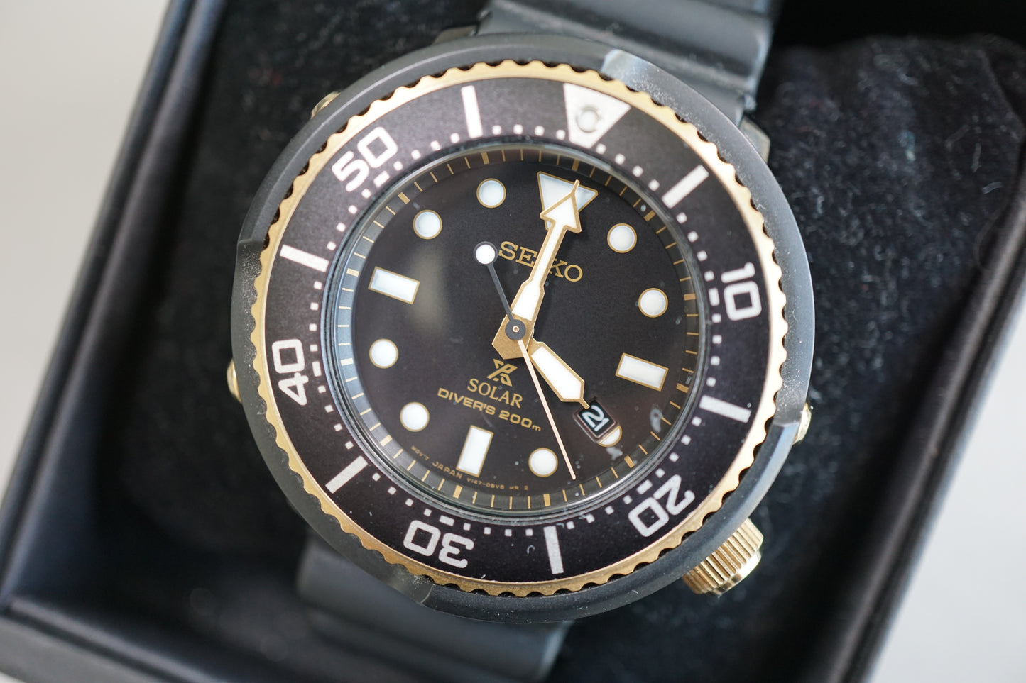 Seiko Prospex SBDN028 V147 Lowercase Black Dial Gold Tuna Solar Quartz Watch