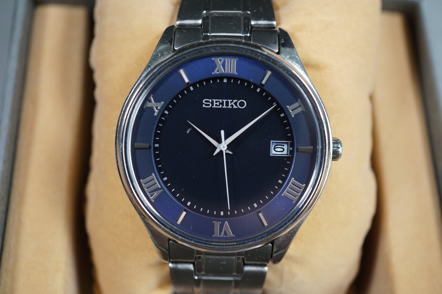 Seiko Selection SBPX115 V157 Titanium Roman Numeral Blue Dial Solar Quartz Watch