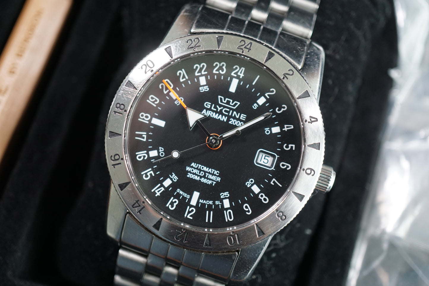 Glycine 3764 Airman 2000 Worldtimer GMT Black Dial Automatic Watch