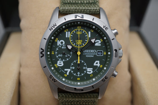 Seiko SND377R 7T92 Nylon Strap Green Dial Field Style Chronograph Quartz Watch