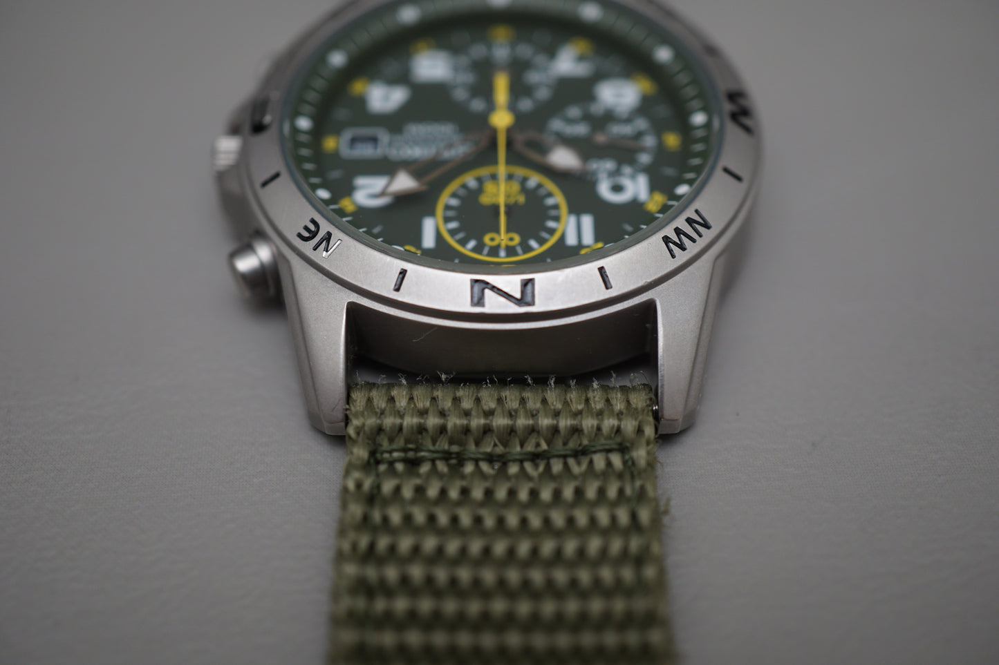 Seiko SND377R 7T92 Nylon Strap Green Dial Field Style Chronograph Quartz Watch