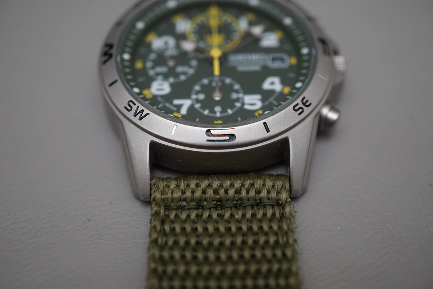 Seiko SND377R 7T92 Nylon Strap Green Dial Field Style Chronograph Quartz Watch