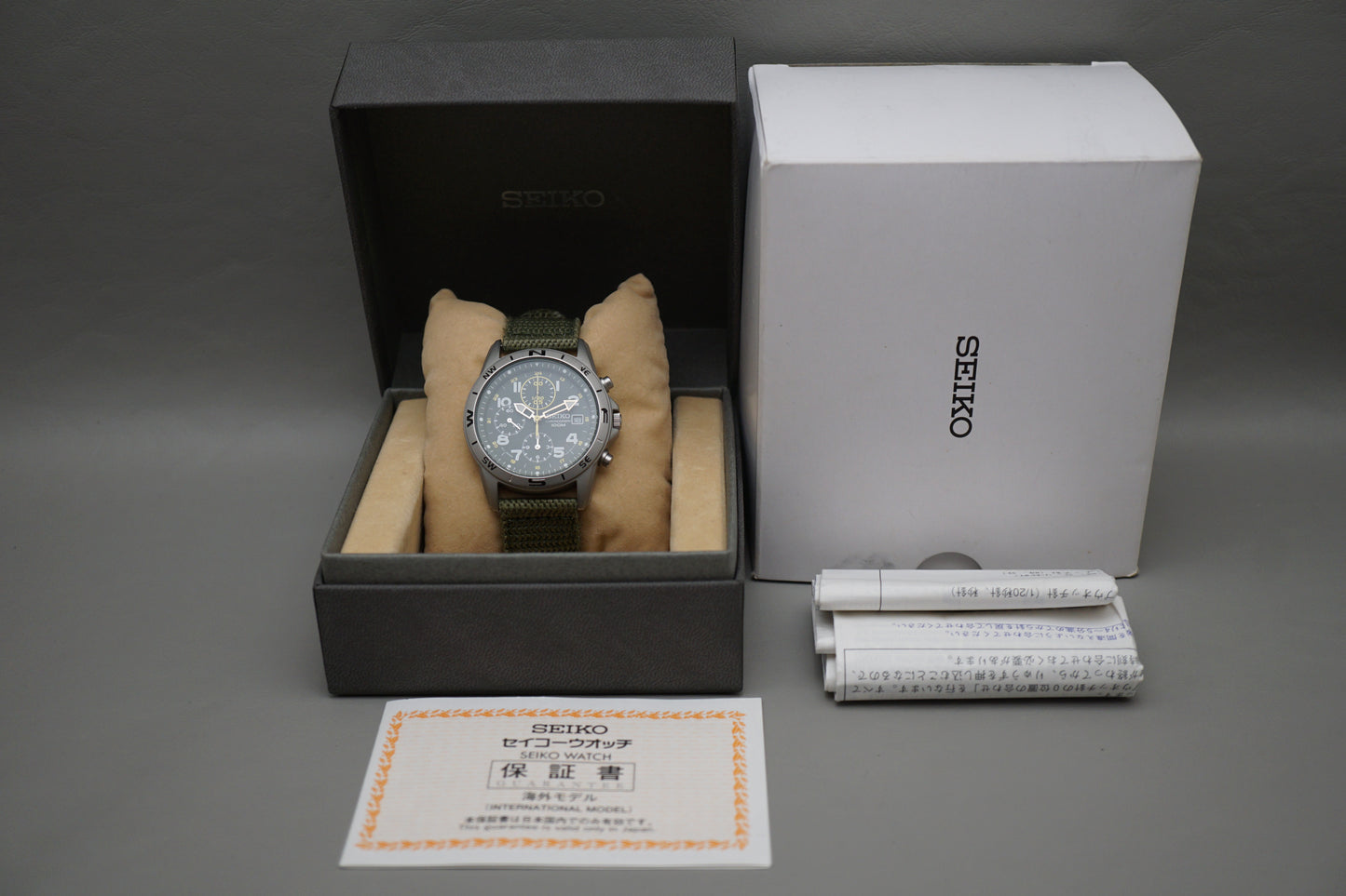 Seiko SND377R 7T92 Nylon Strap Green Dial Field Style Chronograph Quartz Watch