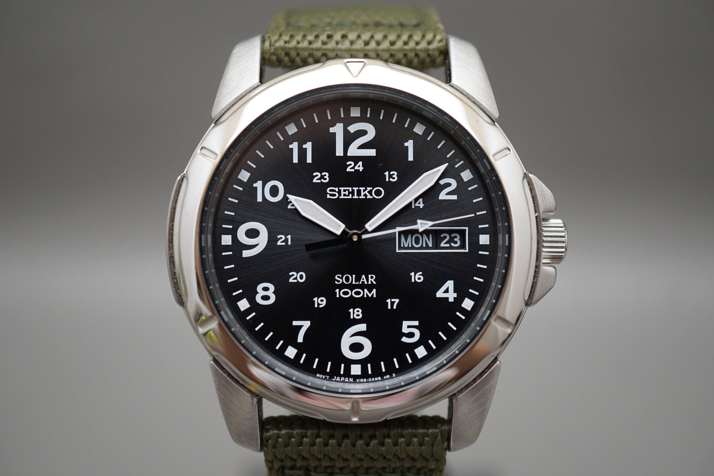 Seiko SNE095P2 V158 Field Style Numeral Dial Solar Quartz Watch Original Strap