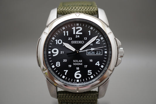 Seiko SNE095P2 V158 Field Style Numeral Dial Solar Quartz Watch Original Strap