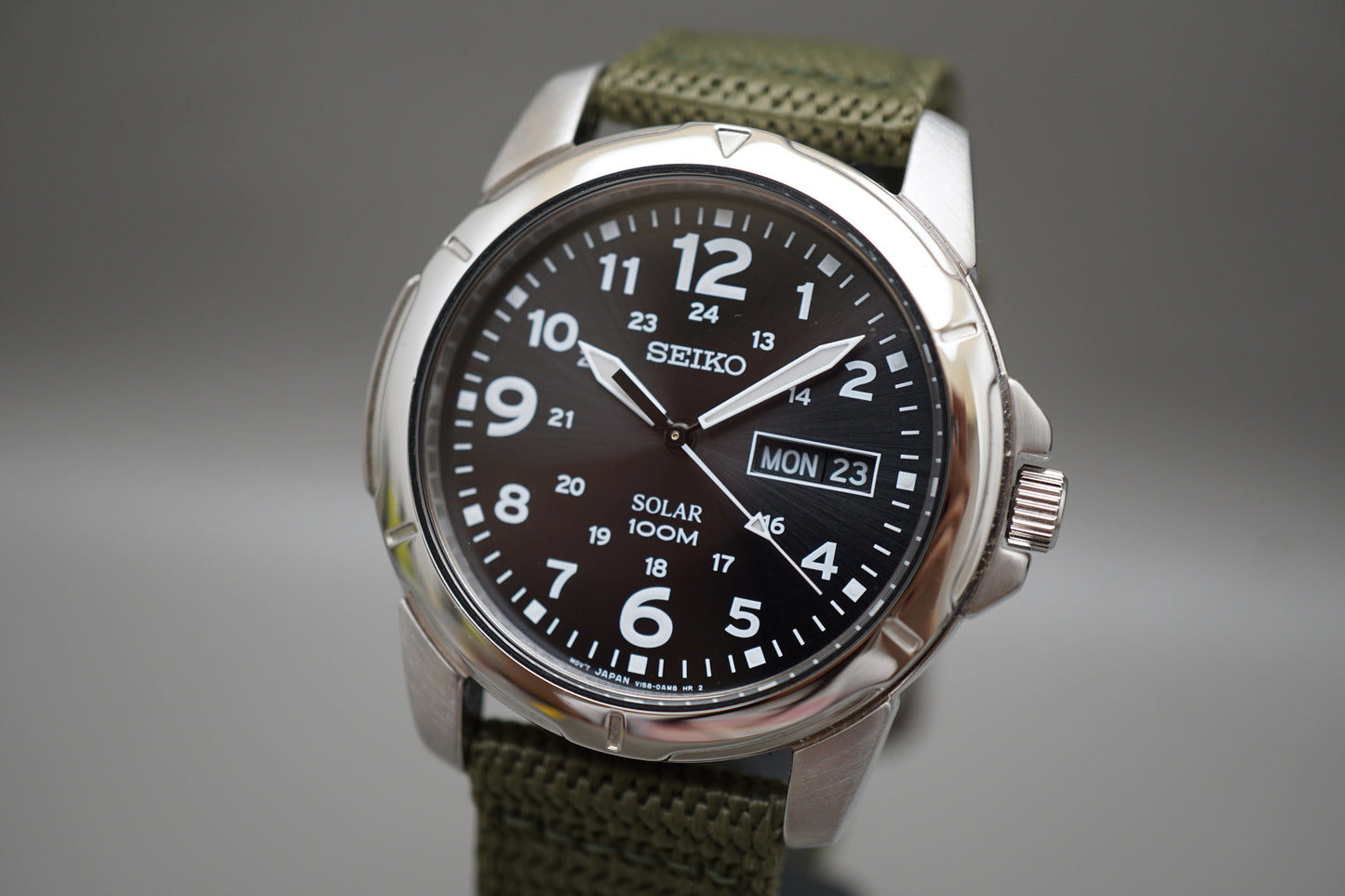 Seiko SNE095P2 V158 Field Style Numeral Dial Solar Quartz Watch Original Strap