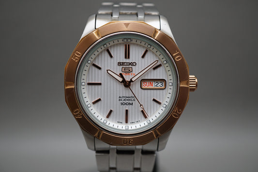 Seiko 5 Sports SRP292 4R36 Steel Rose Gold Tone White Dial Automatic Watch