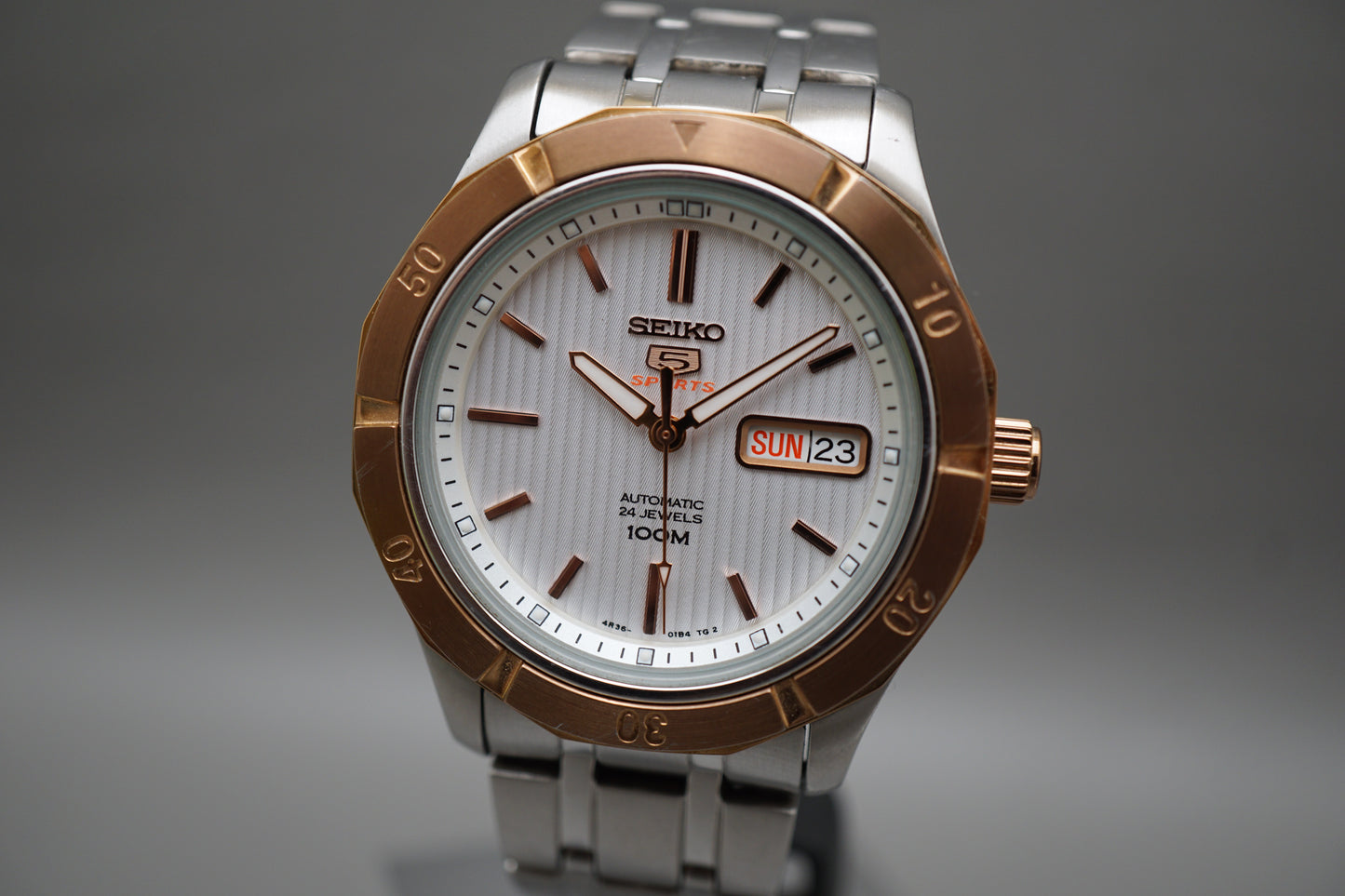 Seiko 5 Sports SRP292 4R36 Steel Rose Gold Tone White Dial Automatic Watch