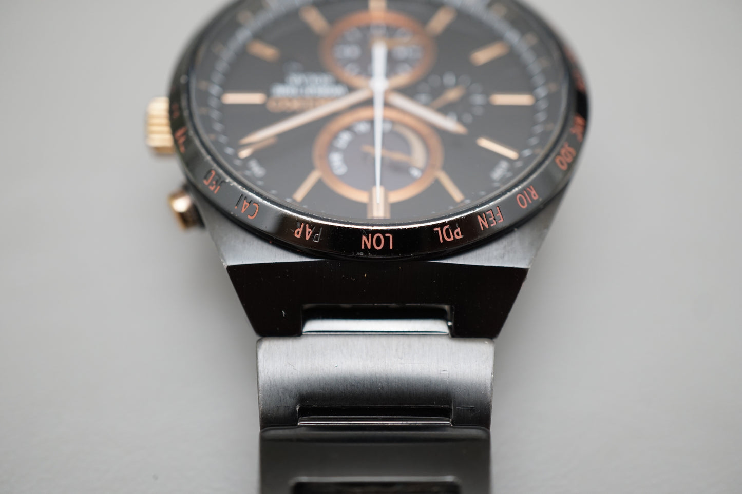 Seiko Spirit SBPJ039 V195 Black Rose Gold Tone World Time Solar Quartz Watch