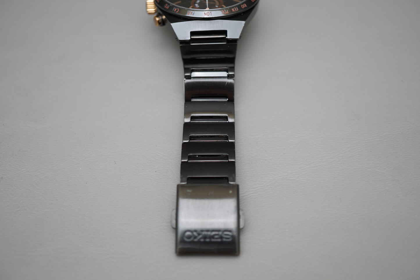 Seiko Spirit SBPJ039 V195 Black Rose Gold Tone World Time Solar Quartz Watch