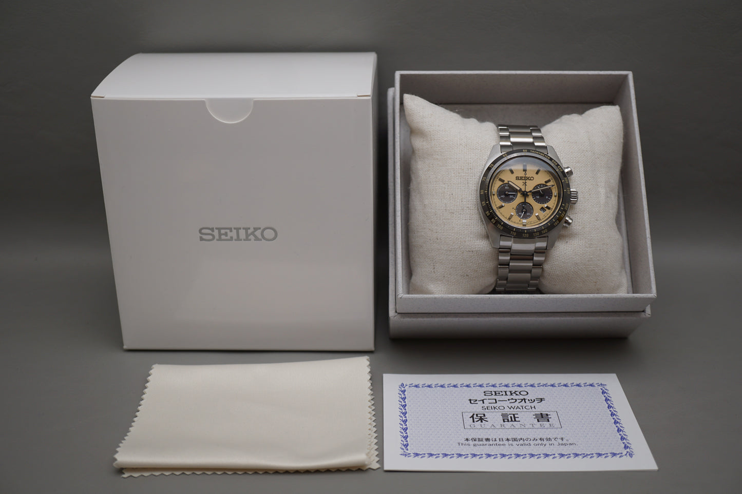 Unworn Seiko Prospex SBDL089 V192 Speedtimer Gold Panda Solar Quartz Watch