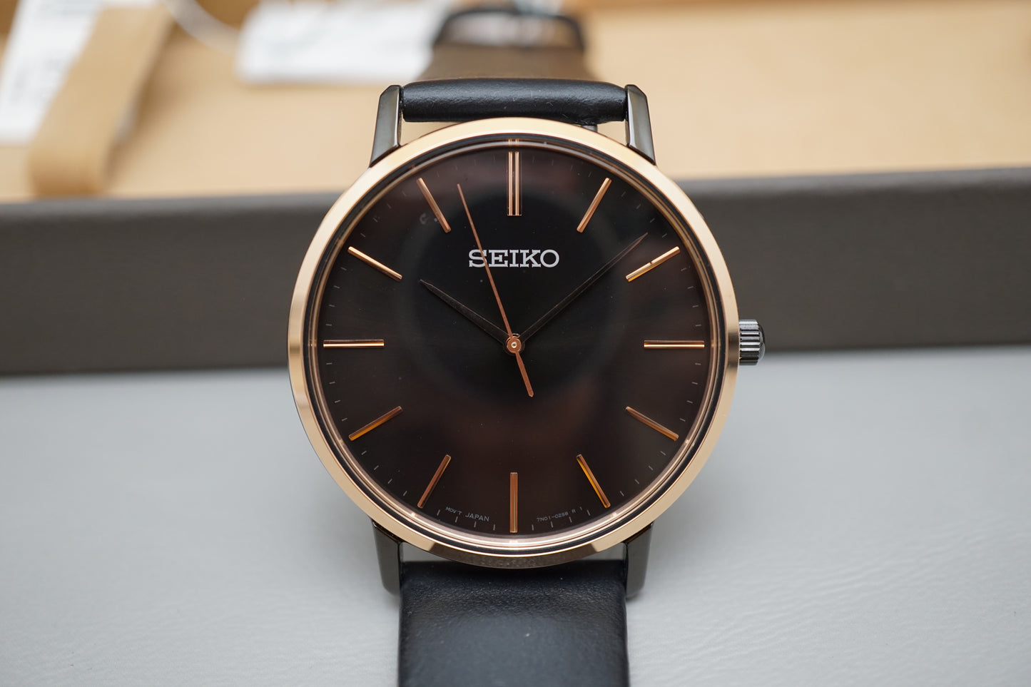 New Seiko Selection SCXP078 Gold Feather Reissue Black Rose Gold Quartz Watch