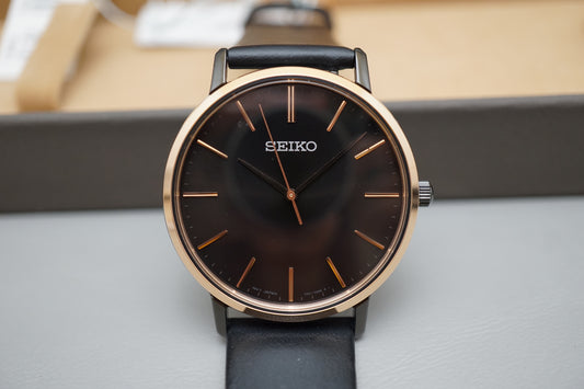 New Seiko Selection SCXP078 Gold Feather Reissue Black Rose Gold Quartz Watch