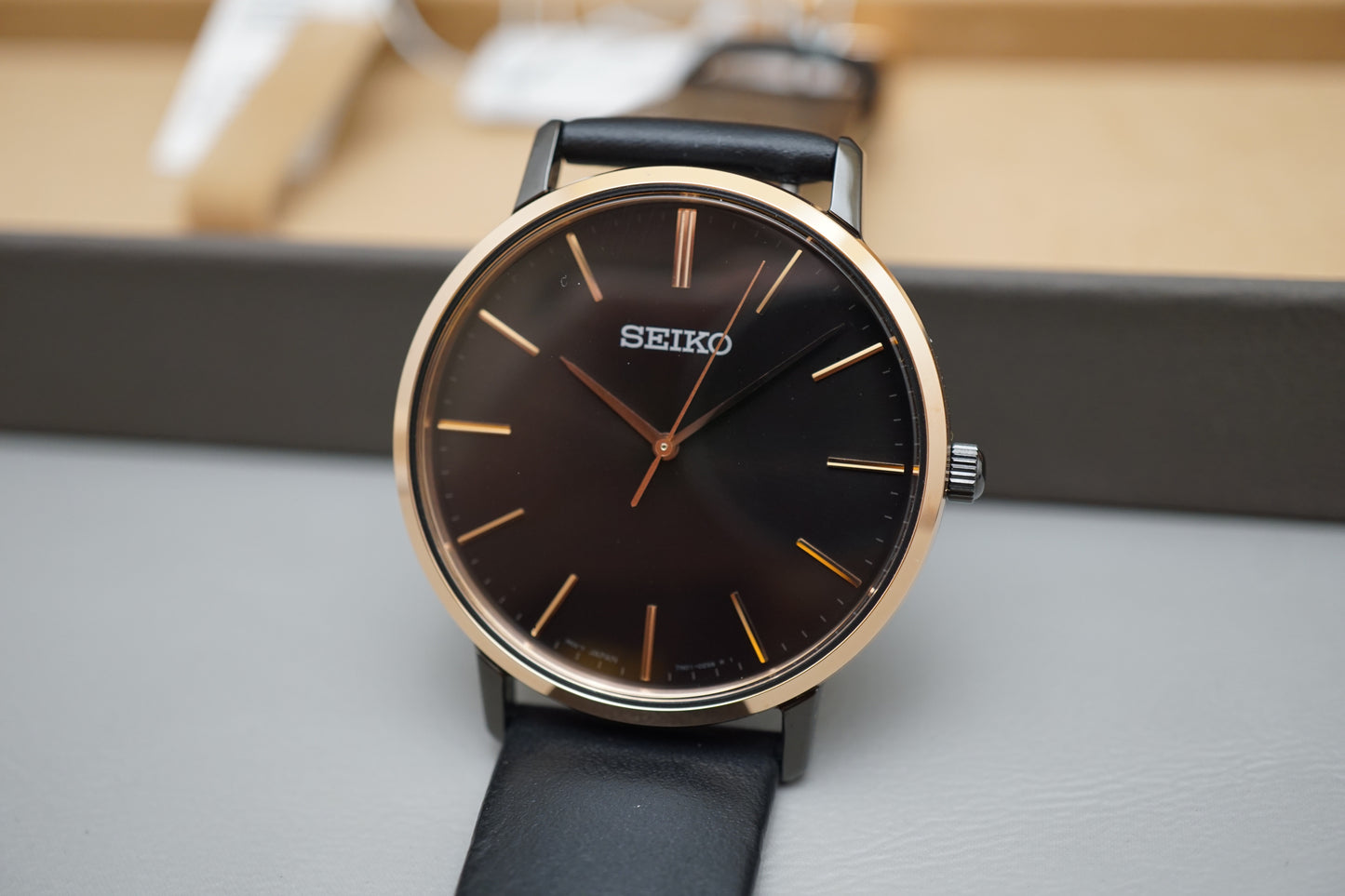 New Seiko Selection SCXP078 Gold Feather Reissue Black Rose Gold Quartz Watch