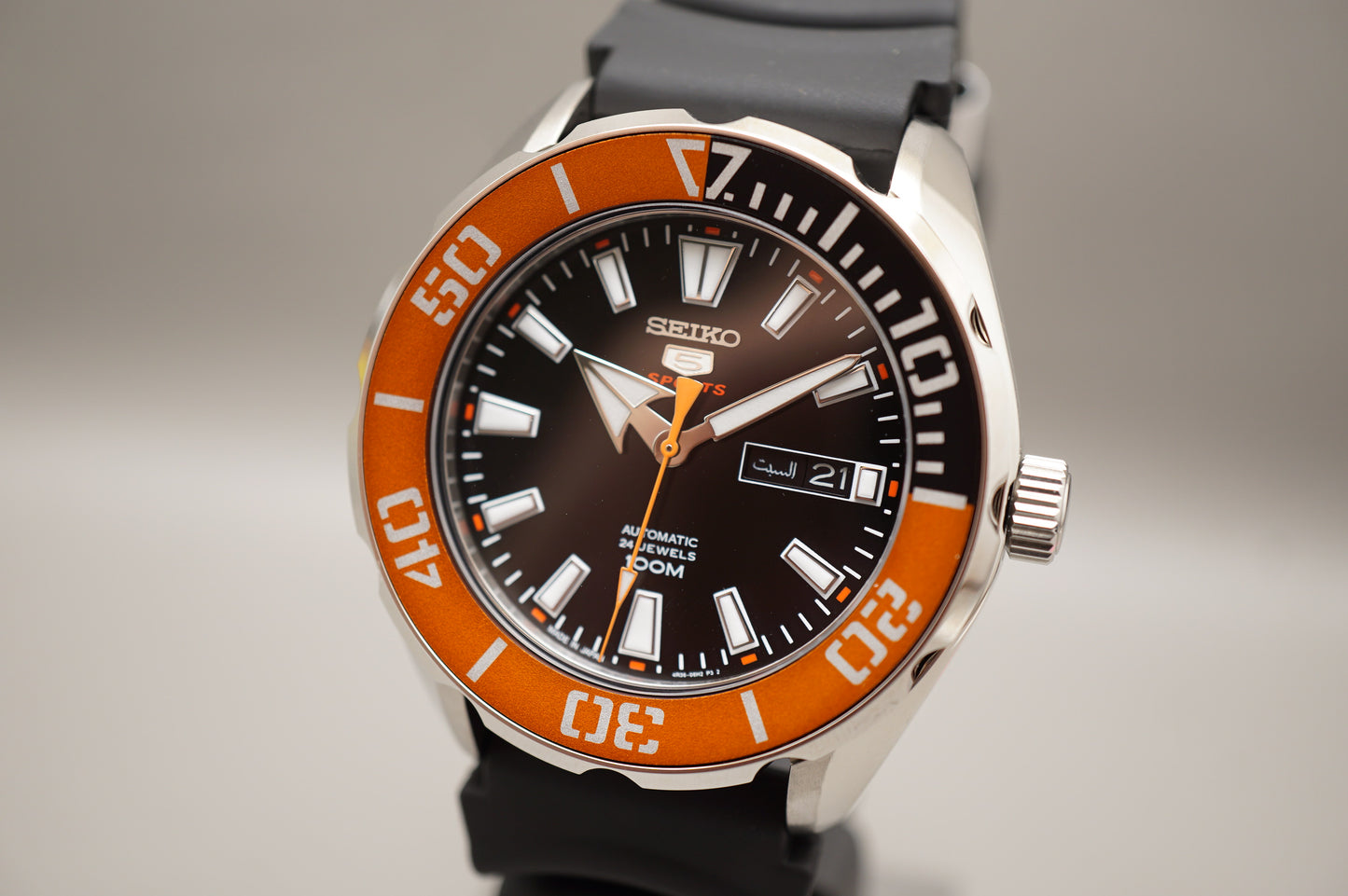 New Seiko 5 Sports SRPC59J1 4R36 Black Orange 100M Automatic Watch Japan Made