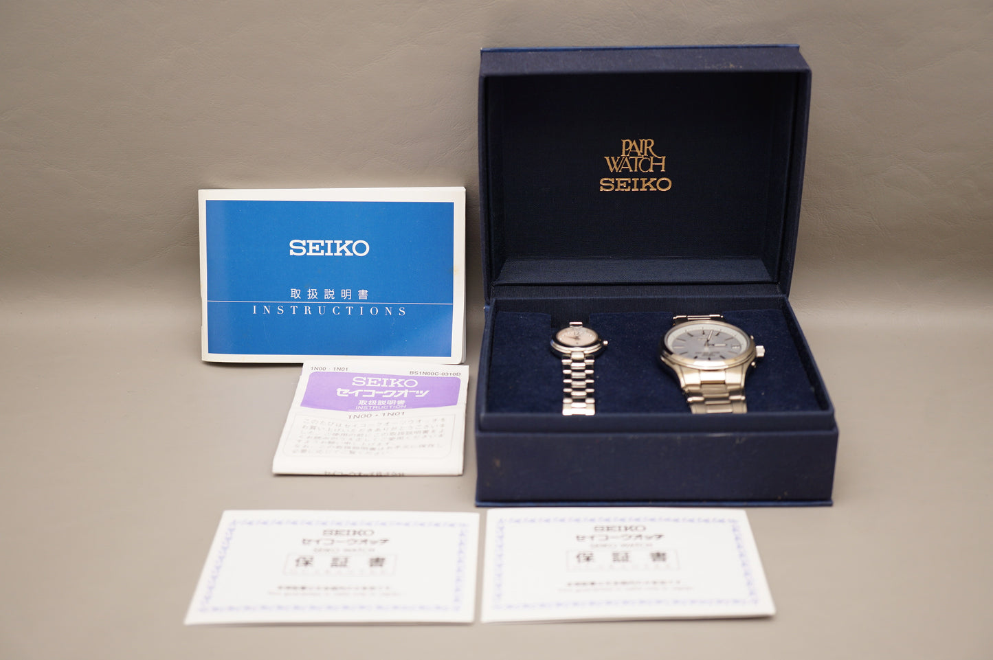 Seiko Pair Watch Set SBTM001 7B22 Titanium Solar SSVY053 Stainless Quartz Watch