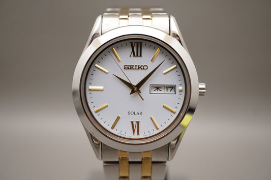 Seiko Selection SBPX085 V158 Gold Two Tone White Dial Solar Quartz Watch