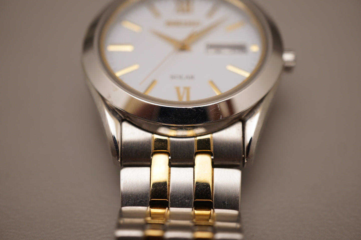 Seiko Selection SBPX085 V158 Gold Two Tone White Dial Solar Quartz Watch