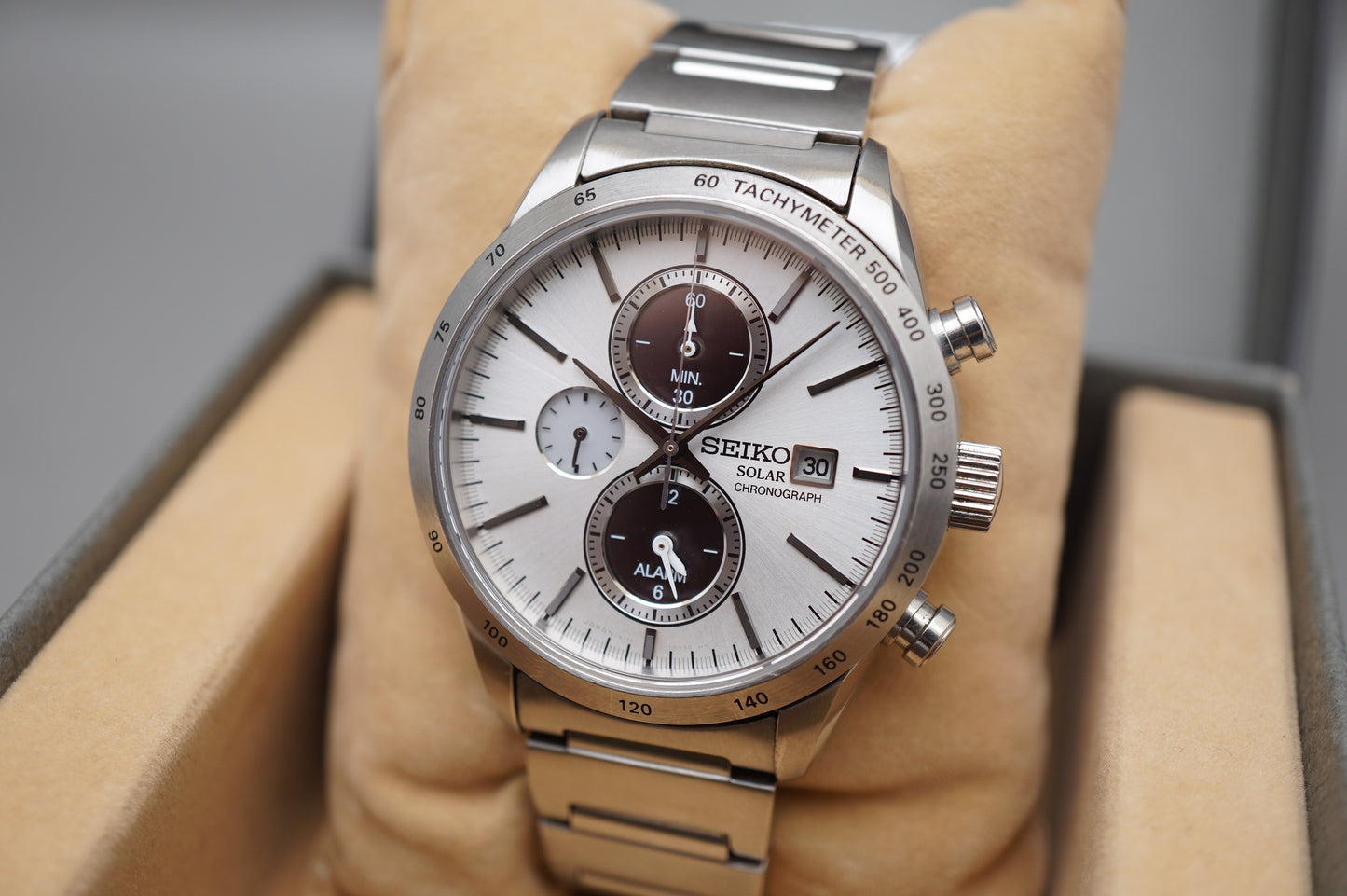 Seiko Spirit SBPY113 V172 JDM White Panda Dial Chronograph Solar Quartz Watch