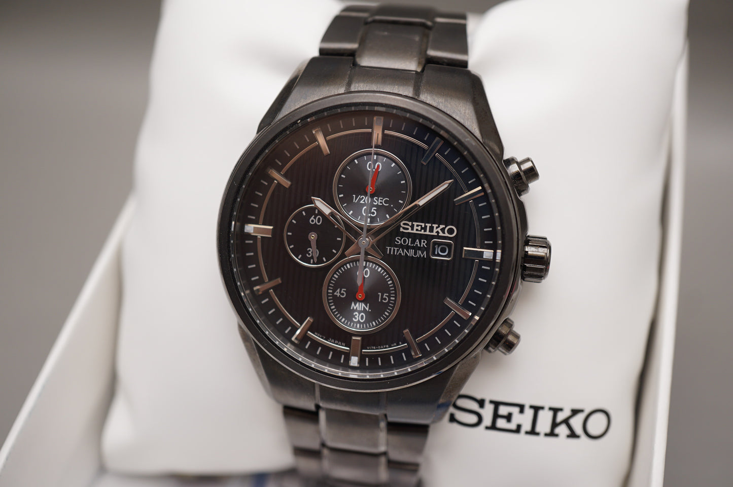 Seiko SSC393 V176 Titanium Black 1/20th Seconds Chronograph Solar Quartz Watch