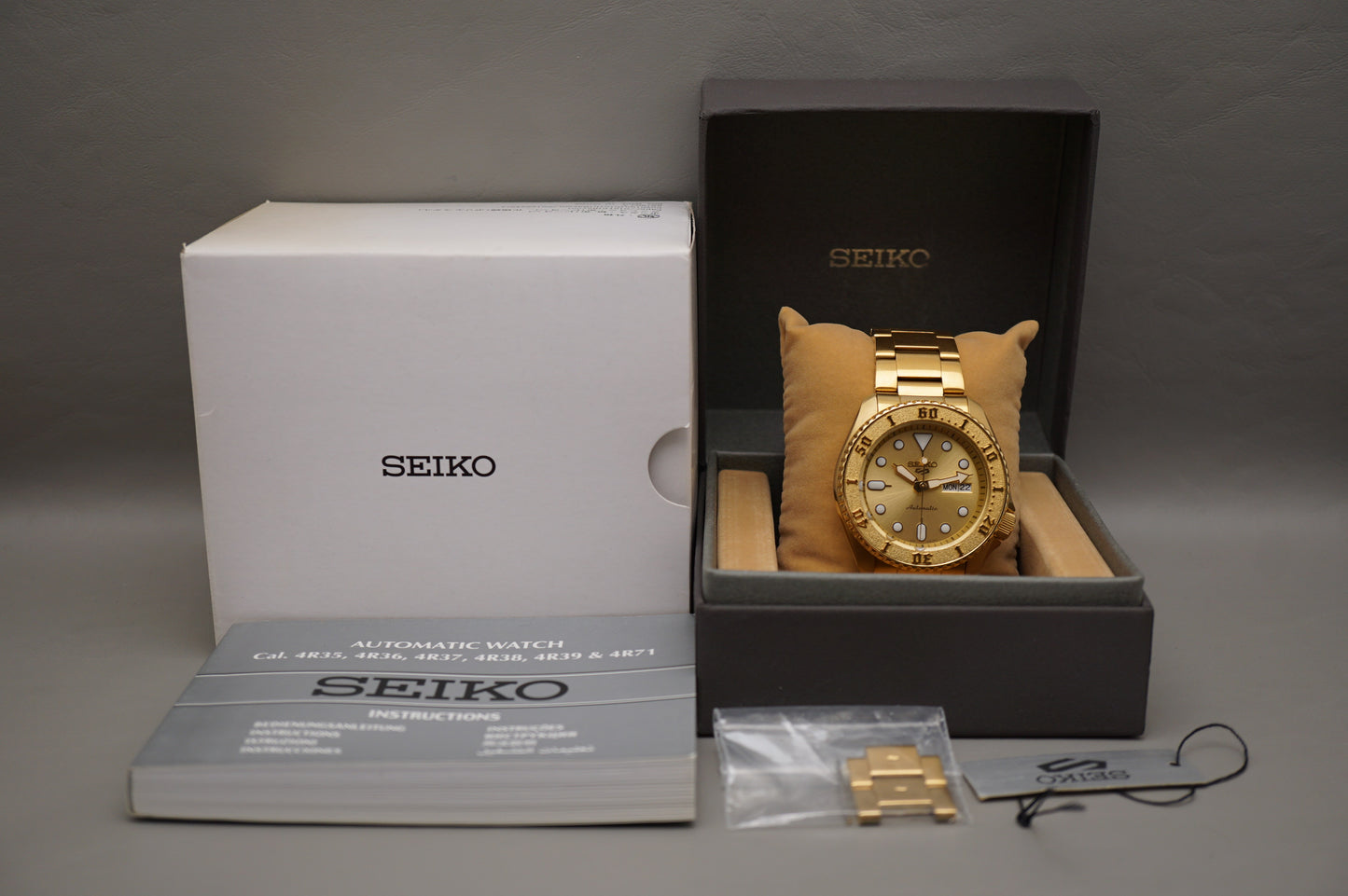 Seiko 5 Sports SRPE74K1 4R36 5KX Street Style Full Gold Tone Automatic Watch