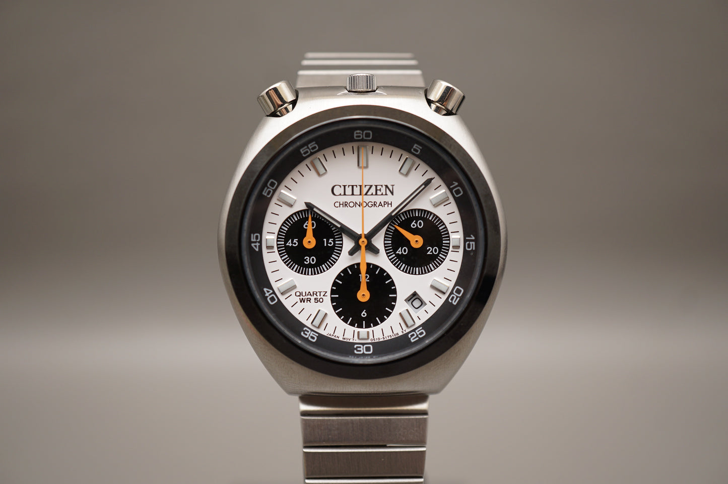 Citizen Record Label 0510-S127718 White Dial Panda Bullhead Quartz Chrono Watch