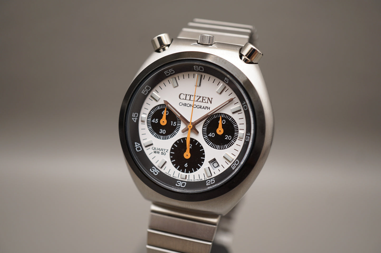 Citizen Record Label 0510-S127718 White Dial Panda Bullhead Quartz Chrono Watch