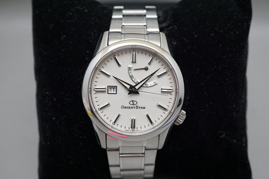 Orient Star EL00-C0-B White Dial Power Reserve Display Back Automatic Watch
