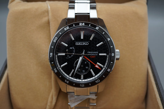 New Seiko Presage SARF005 6R64 Black Dial Sharp Edged GMT Automatic Watch