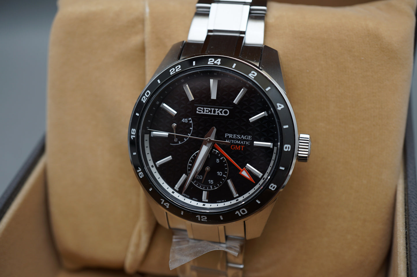 New Seiko Presage SARF005 6R64 Black Dial Sharp Edged GMT Automatic Watch