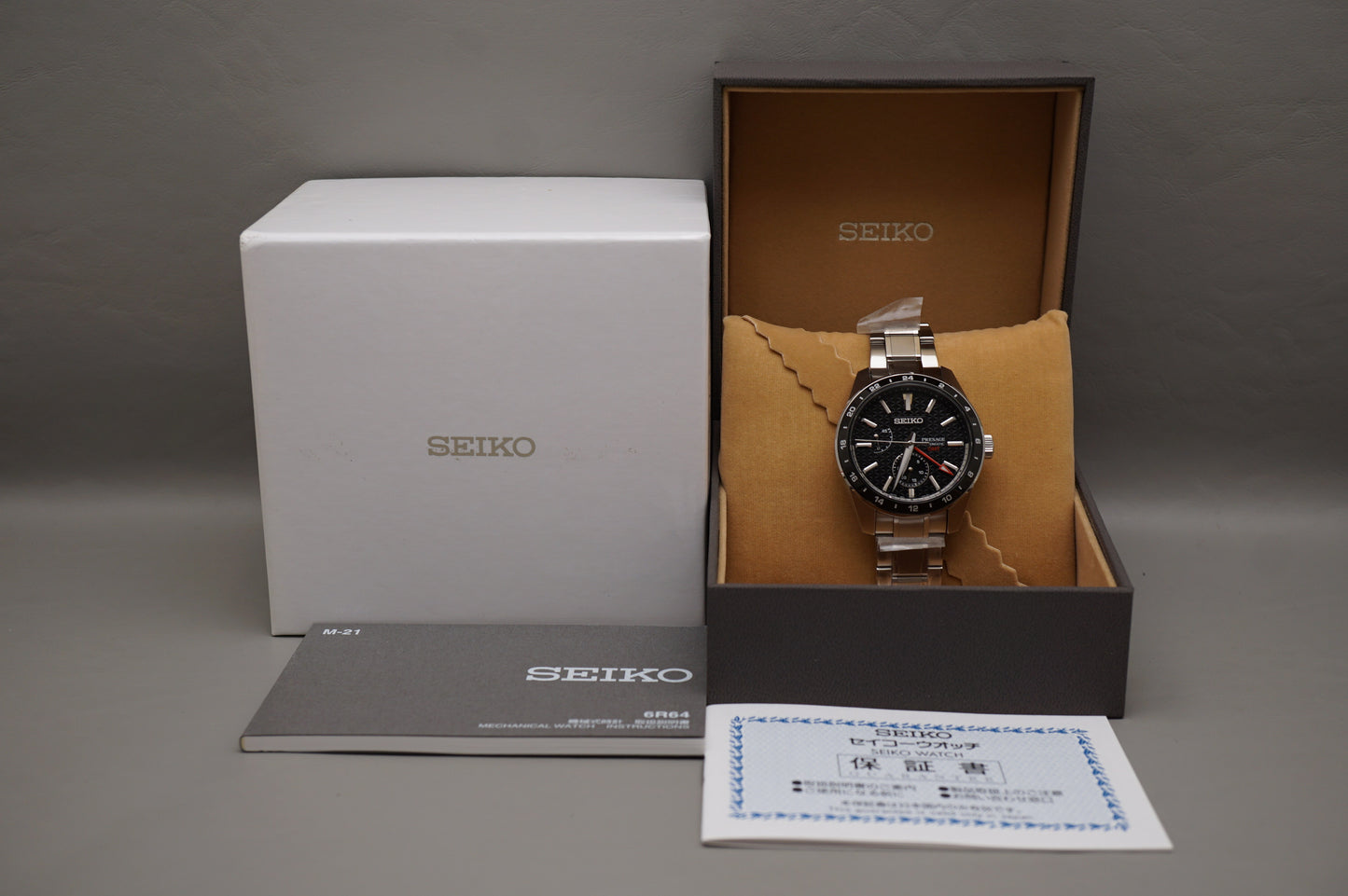 New Seiko Presage SARF005 6R64 Black Dial Sharp Edged GMT Automatic Watch