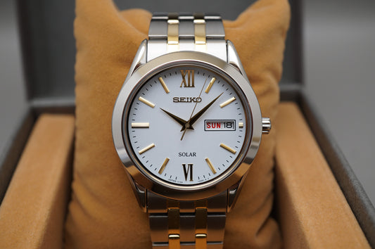 Seiko Selection SBPX085 V158 Gold Two Tone White Dial Solar Quartz Watch
