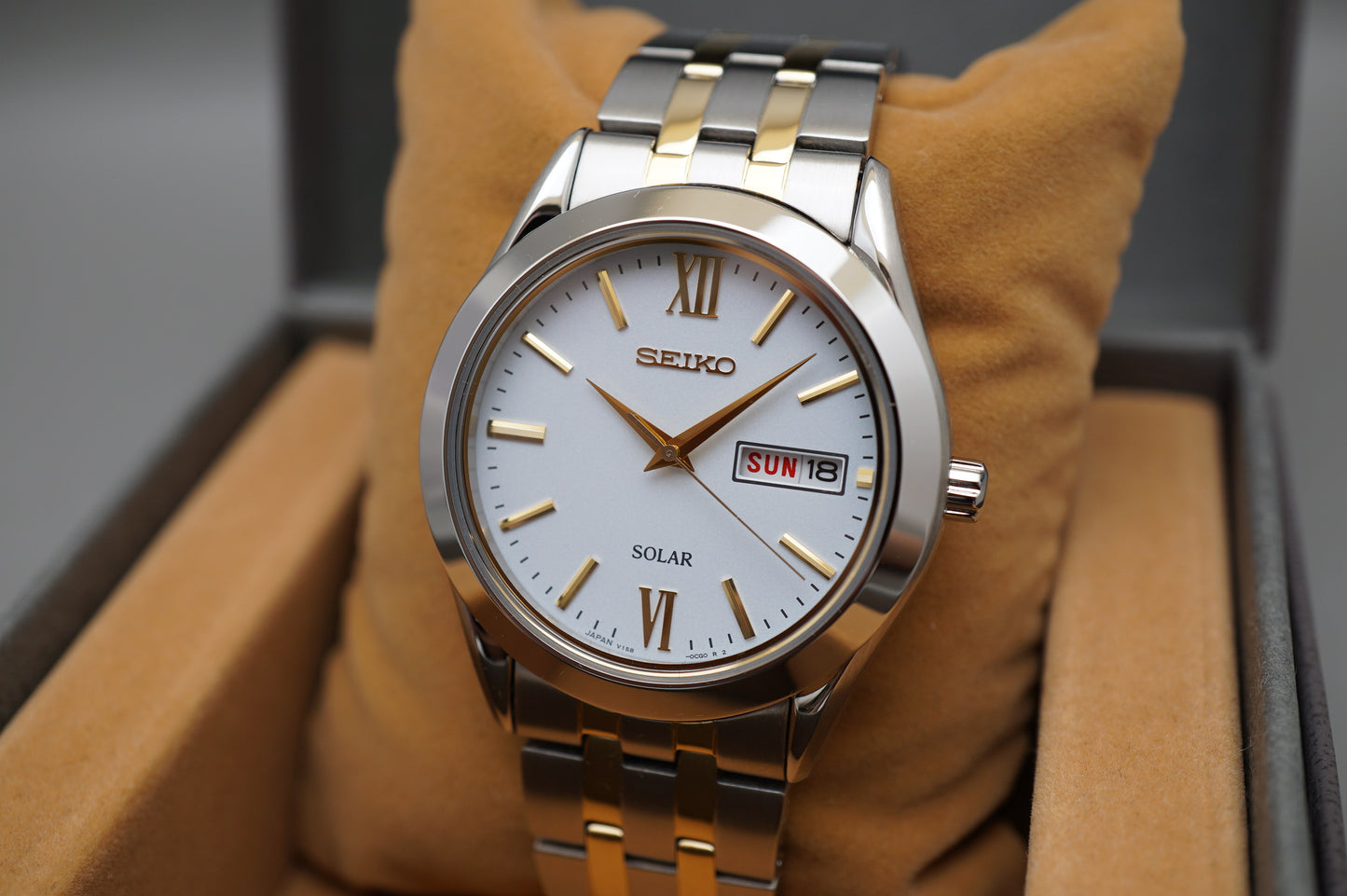Seiko Selection SBPX085 V158 Gold Two Tone White Dial Solar Quartz Watch