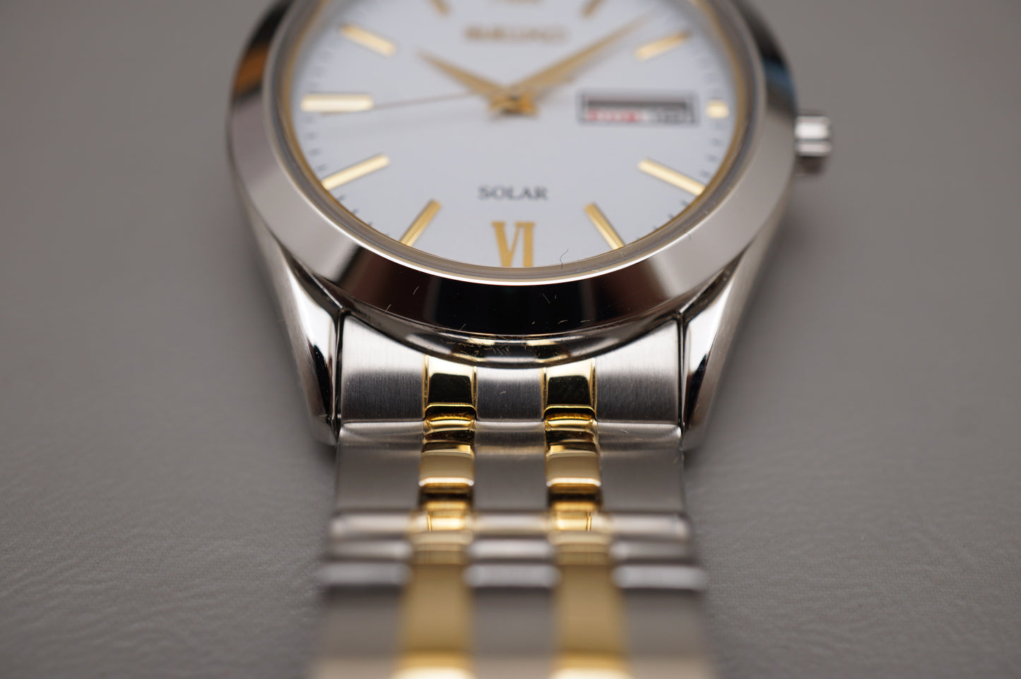 Seiko Selection SBPX085 V158 Gold Two Tone White Dial Solar Quartz Watch