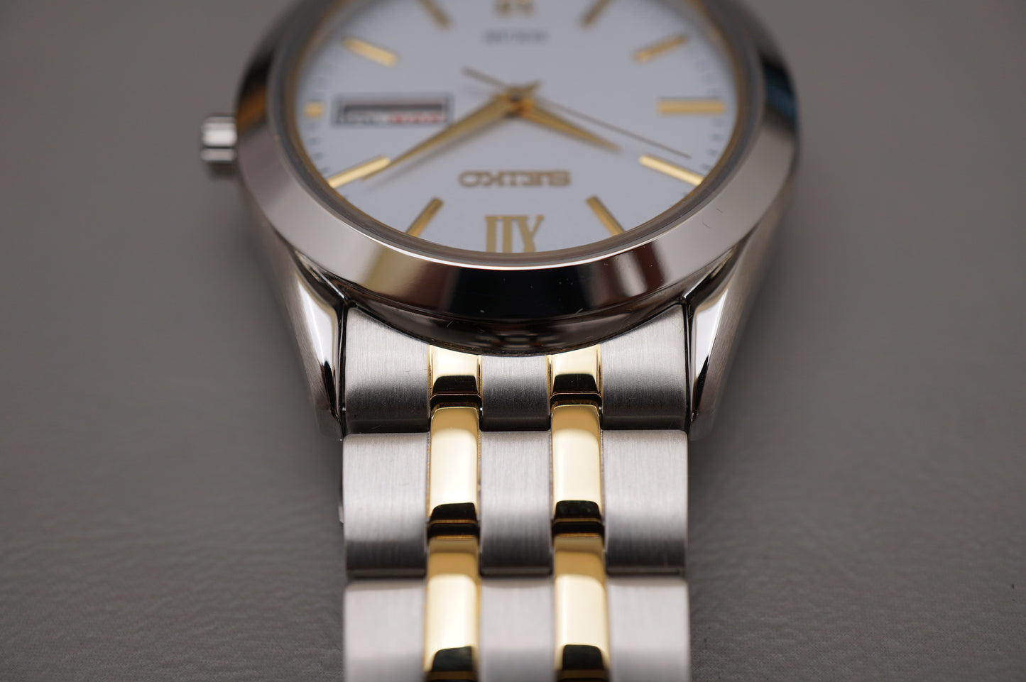 Seiko Selection SBPX085 V158 Gold Two Tone White Dial Solar Quartz Watch