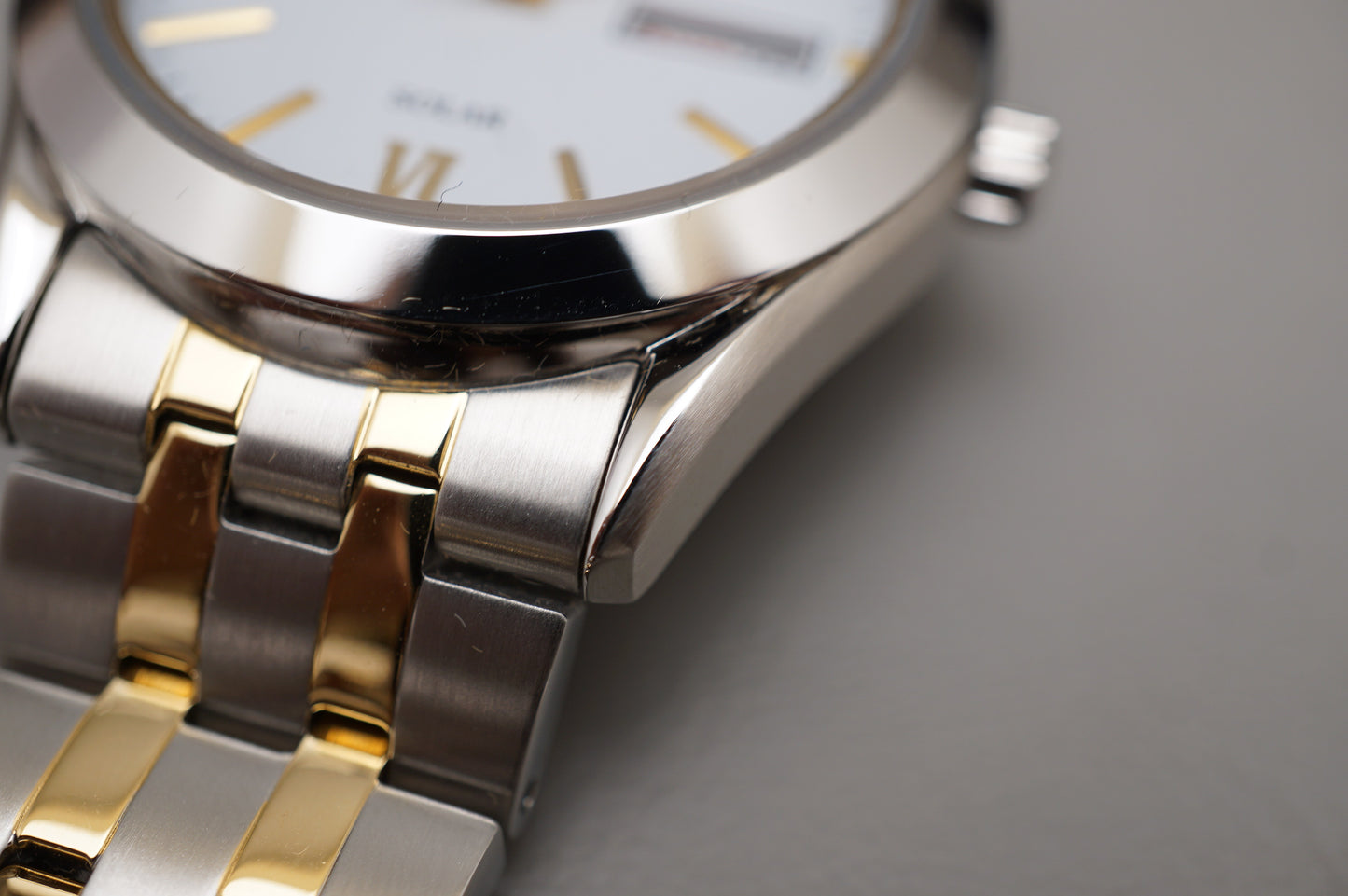 Seiko Selection SBPX085 V158 Gold Two Tone White Dial Solar Quartz Watch