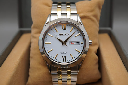Seiko Selection SBPX085 V158 Gold Two Tone White Dial Solar Quartz Watch