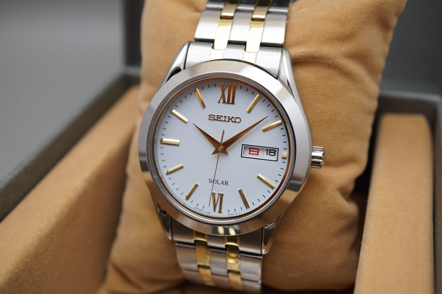 Seiko Selection SBPX085 V158 Gold Two Tone White Dial Solar Quartz Watch
