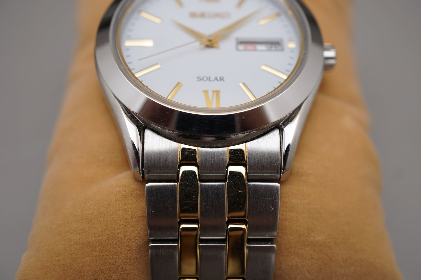 Seiko Selection SBPX085 V158 Gold Two Tone White Dial Solar Quartz Watch