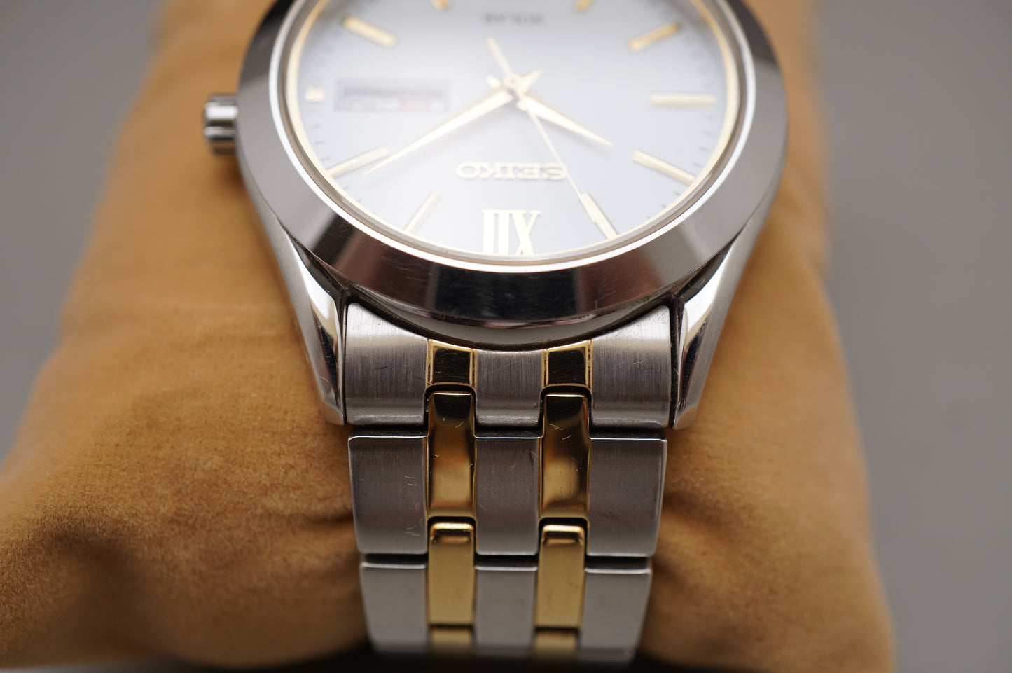 Seiko Selection SBPX085 V158 Gold Two Tone White Dial Solar Quartz Watch