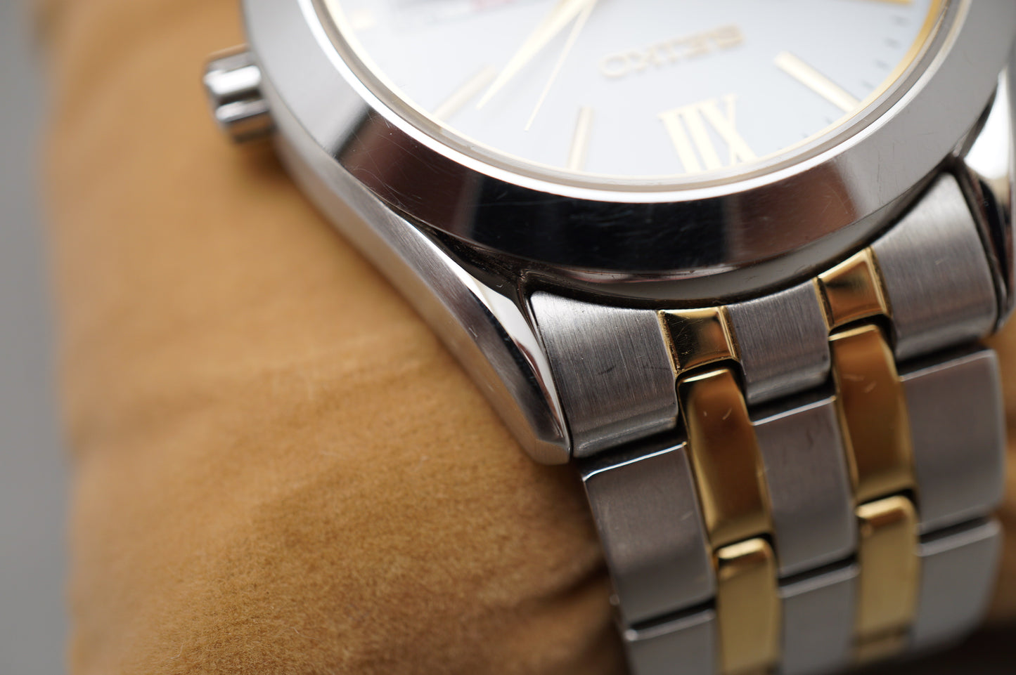 Seiko Selection SBPX085 V158 Gold Two Tone White Dial Solar Quartz Watch
