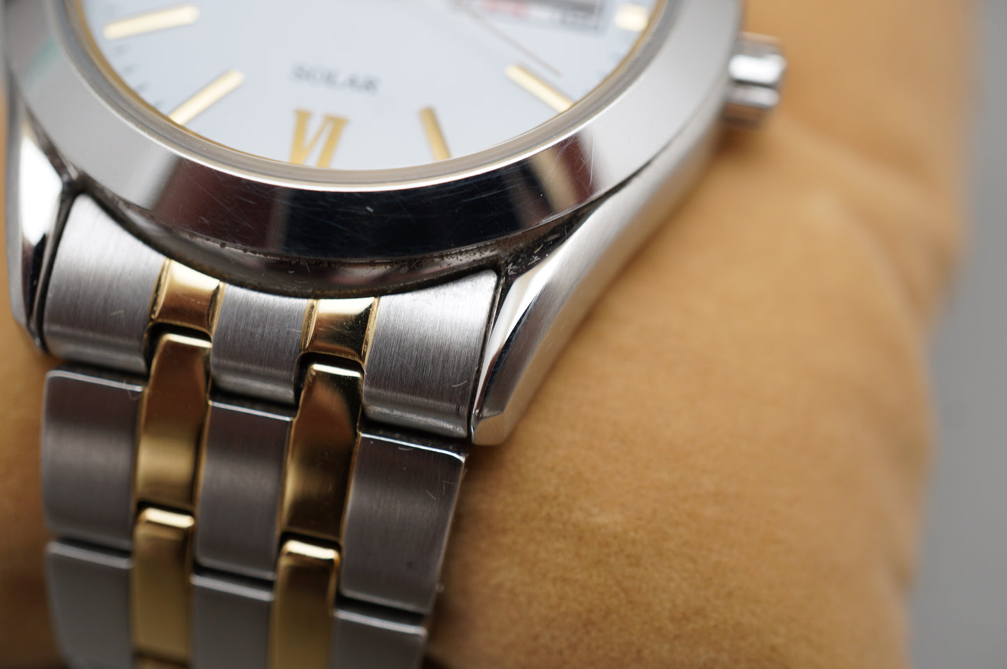 Seiko Selection SBPX085 V158 Gold Two Tone White Dial Solar Quartz Watch