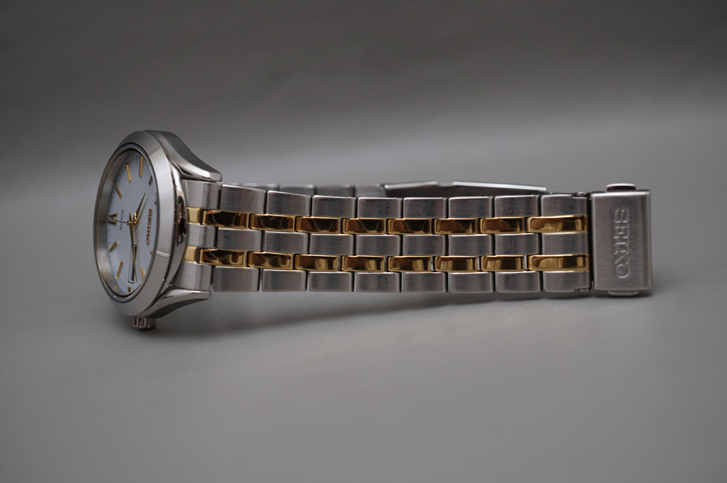 Seiko Selection SBPX085 V158 Gold Two Tone White Dial Solar Quartz Watch