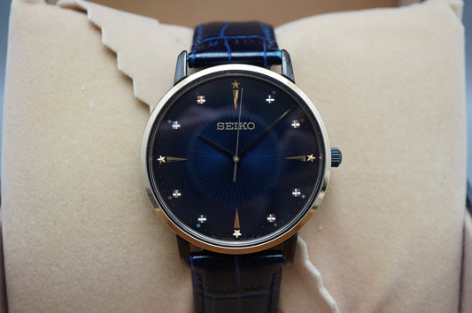 Seiko Selection SCXP132 7N01 Gold Feather Reissue Limited Blue Quartz Watch