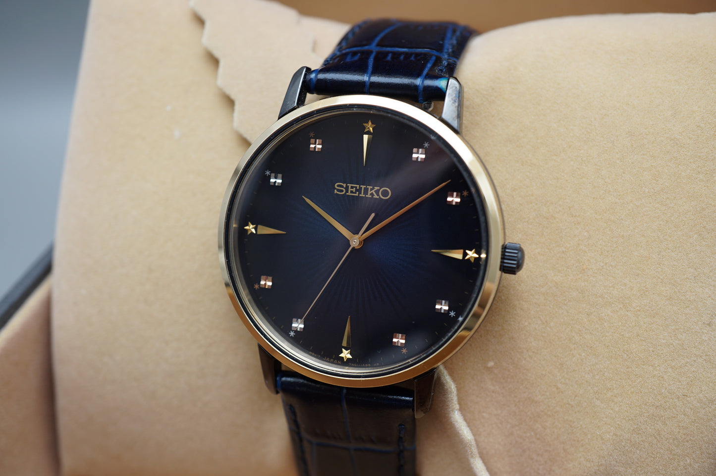 Seiko Selection SCXP132 7N01 Gold Feather Reissue Limited Blue Quartz Watch