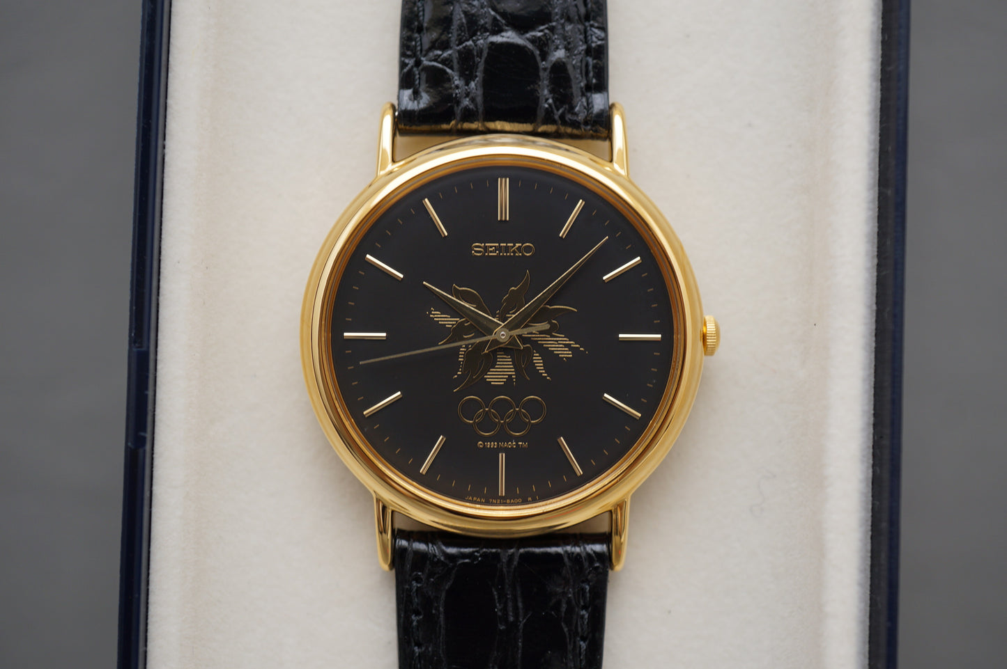 Vintage Seiko 7N21-8A00 Black Gold Tone 1998 Nagano Olympics Quartz Watch