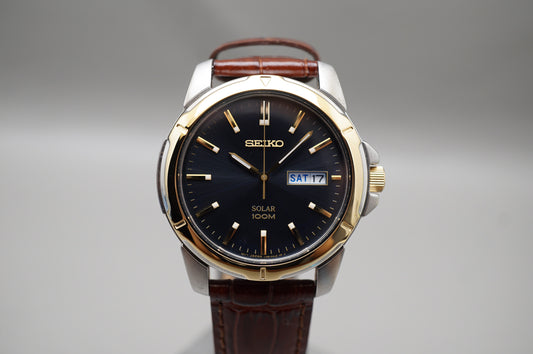 Seiko Essentials SNE102 V158 Two Tone Blue Dial Solar 100M Quartz Watch