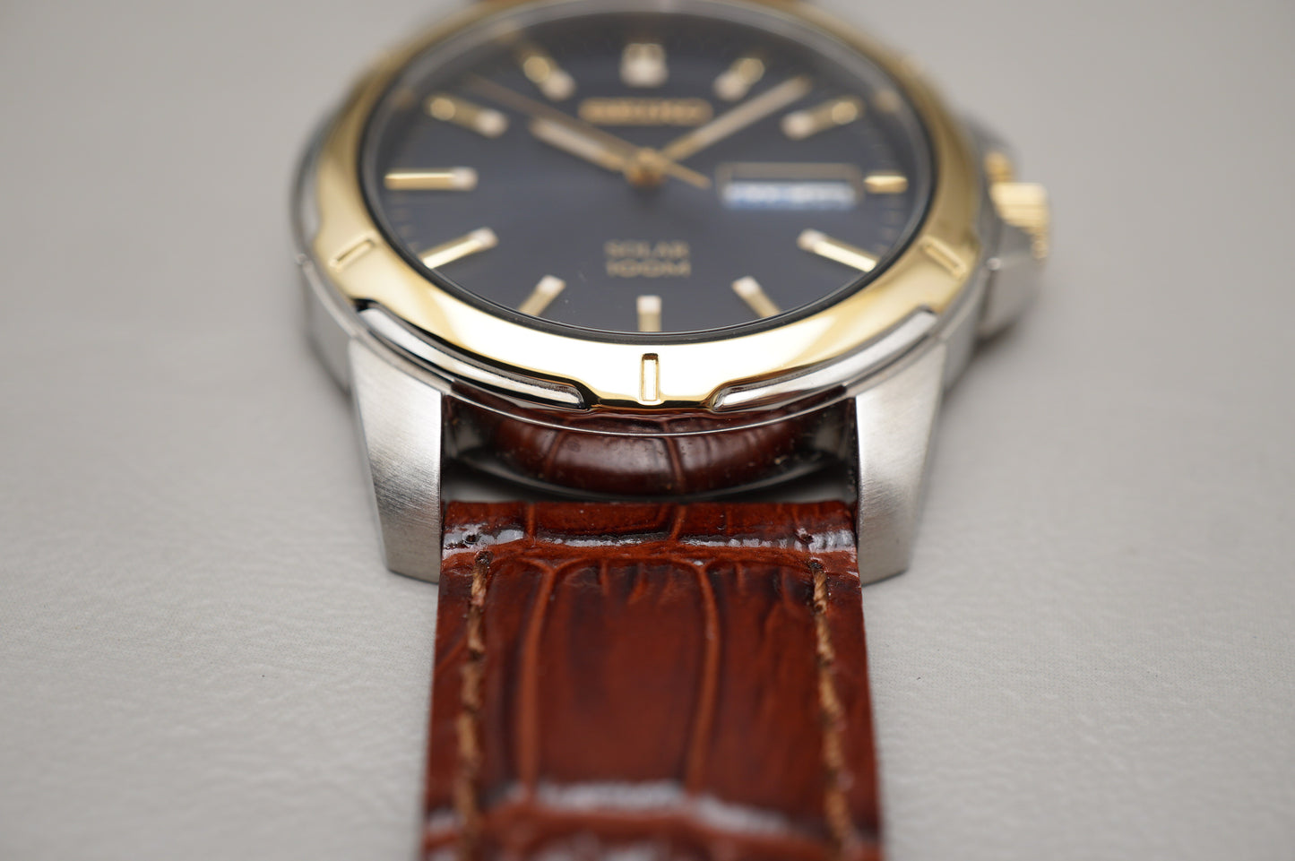 Seiko Essentials SNE102 V158 Two Tone Blue Dial Solar 100M Quartz Watch