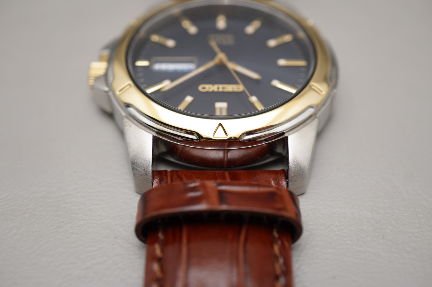Seiko Essentials SNE102 V158 Two Tone Blue Dial Solar 100M Quartz Watch