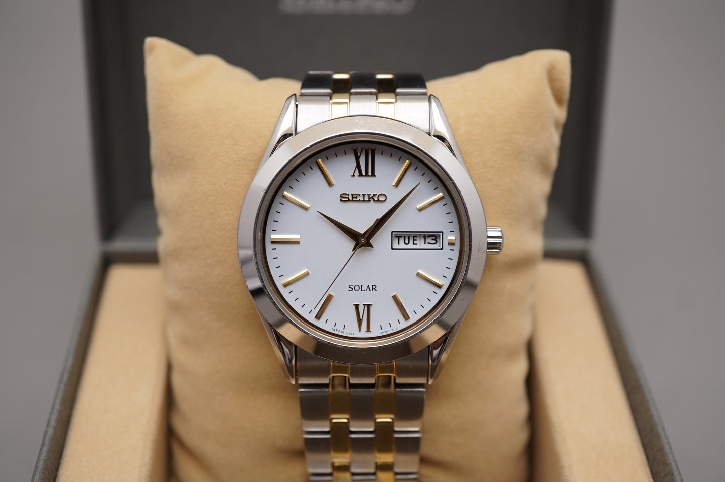 Seiko Selection SBPX085 V158 Gold Two Tone White Dial Solar Quartz Watch